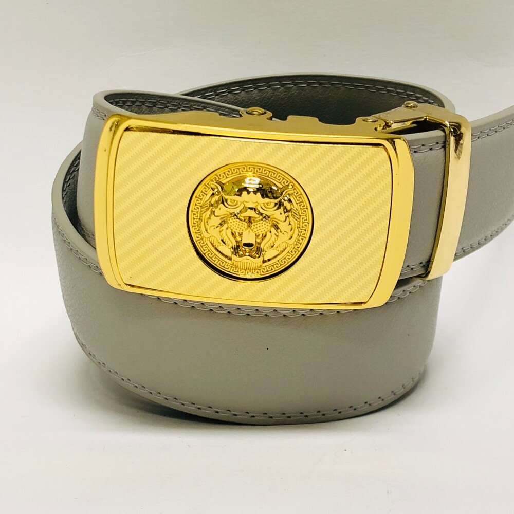 Gray Leather Belt Automatic Buckle Slide Belts NoHole Strep Ratchet Men Women